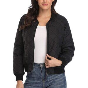 Women's Lightweight Zip Up Fashion Outerwear Black-1 Quilted Bomber Jacket